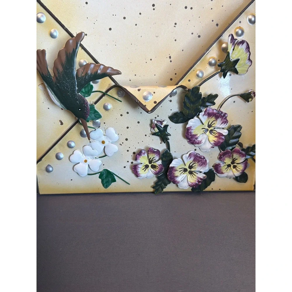 Vintage Metal Wall Pocket Envelope Mail Holder Hummingbird Pansy Flowers Heart